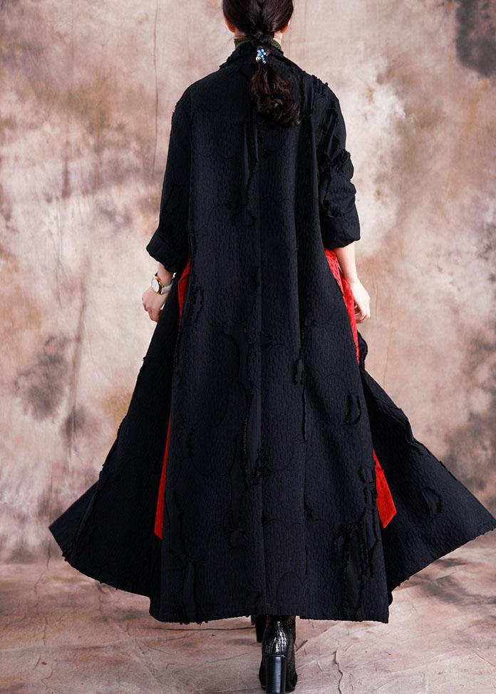 fine casual fall women coats black turn-down collar tie waist overcoat - SooLinen