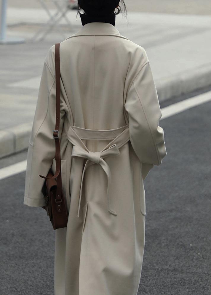 casual long jackets coats nude Notched tie waist Woolen Coat Women - SooLinen