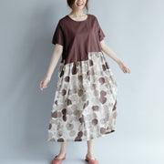 fine chocolate cotton linen dresses oversize short sleeve print patchwork cotton linen gown vintage o neck gown