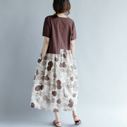 fine chocolate cotton linen dresses oversize short sleeve print patchwork cotton linen gown vintage o neck gown