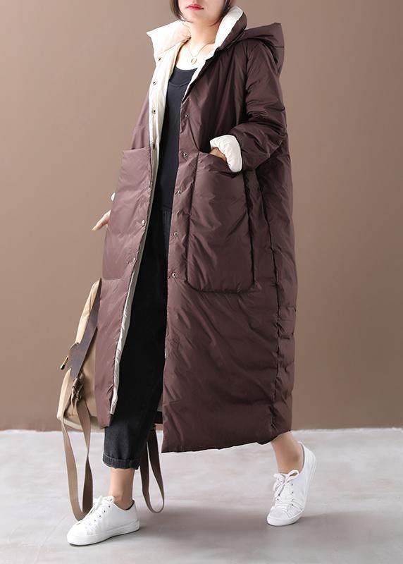 fine chocolate down plus size hooded pockets clothing winter coats - SooLinen