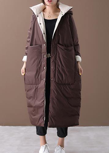 fine chocolate down plus size hooded pockets clothing winter coats - SooLinen
