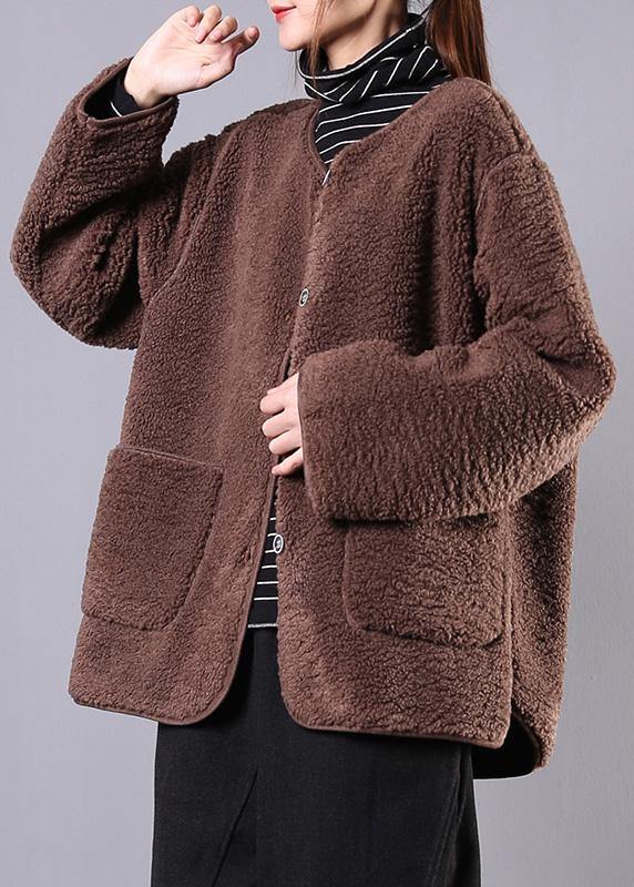 fine coat jacket chocolate o neck Button Wool jackets - SooLinen