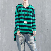 fine cotton blouse Loose fitting Casual Bat Sleeve Hooded Stripe Shirt