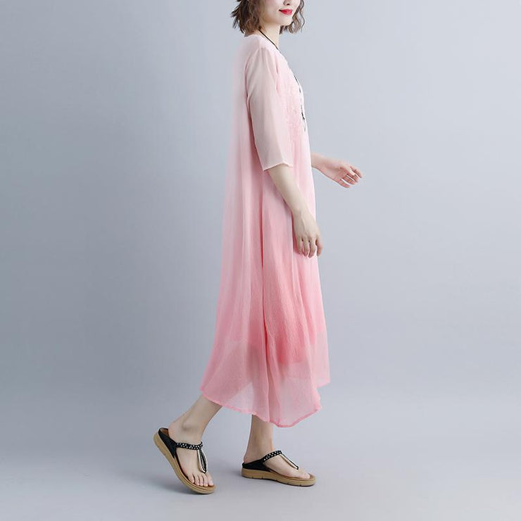 feine Baumwollkleider trendy plus Größe Gefälschte zweiteilige Taschen Retro Pink Summer Dress