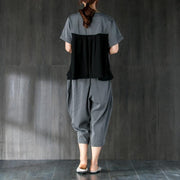 Feines Baumwoll-Sommerkleid Locker sitzende graue Zweiteiler-Streifen-Spleißen-Blusen-Laternen-Hose