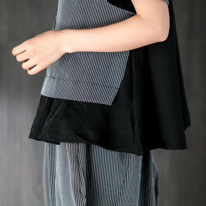 Feines Baumwoll-Sommerkleid Locker sitzende graue Zweiteiler-Streifen-Spleißen-Blusen-Laternen-Hose