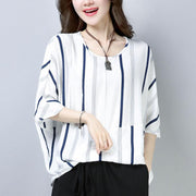fine cotton tops oversized Casual Summer Short Sleeve Navy Blue Stripe T-shirt