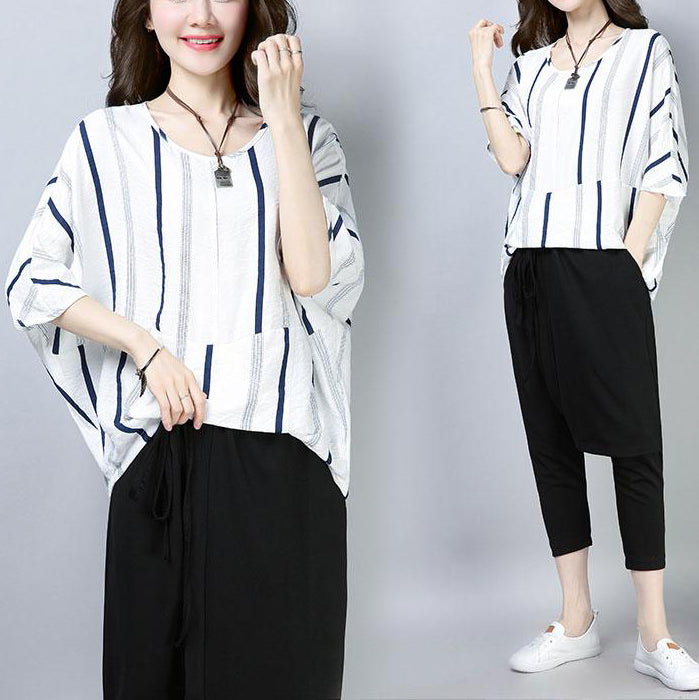 fine cotton tops oversized Casual Summer Short Sleeve Navy Blue Stripe T-shirt