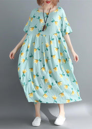 fine floral Midi cotton dresses plus size clothing casual dress Elegant short sleeve o neck long dress