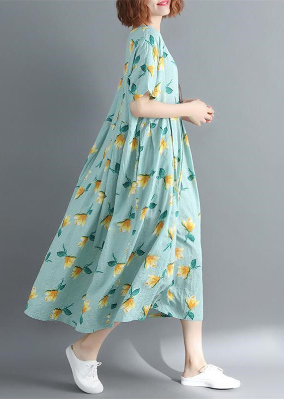 feine florale Midi-Baumwollkleider plus Größenkleidung Freizeitkleid Elegantes Kurzarm-O-Ausschnitt langes Kleid