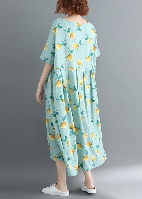feine florale Midi-Baumwollkleider plus Größenkleidung Freizeitkleid Elegantes Kurzarm-O-Ausschnitt langes Kleid
