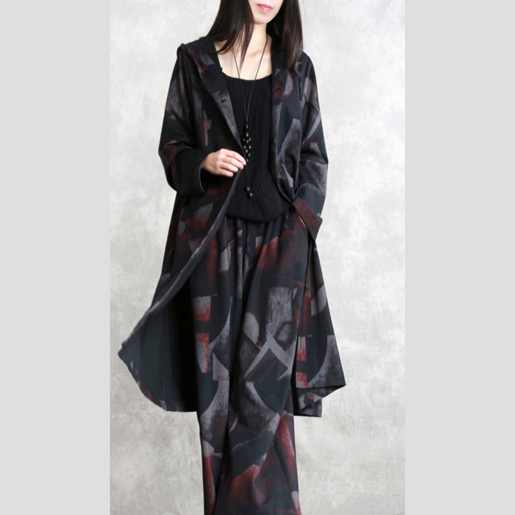 fine floral coat oversized two pieces Hooded pockets coat women long sleeve long coats elastic waist trouse