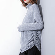 fine gray pure tops oversized high neck cotton t shirt fine drawstring blouses