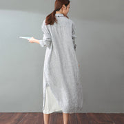 fine gray striped natural cotton linen dress plus size clothing women long sleeve baggy dresses