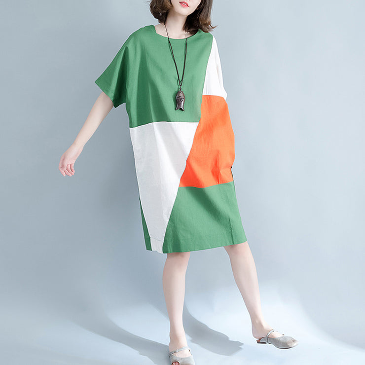 Feine grüne Midi-Leinenkleider plus Größenkleidung Hemdkleid Elegante O-Ausschnitt-Patchwork-Leinenkleider
