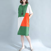fine green Midi linen dresses plus size clothing shirt dress Elegant o neck patchwork linen dresses