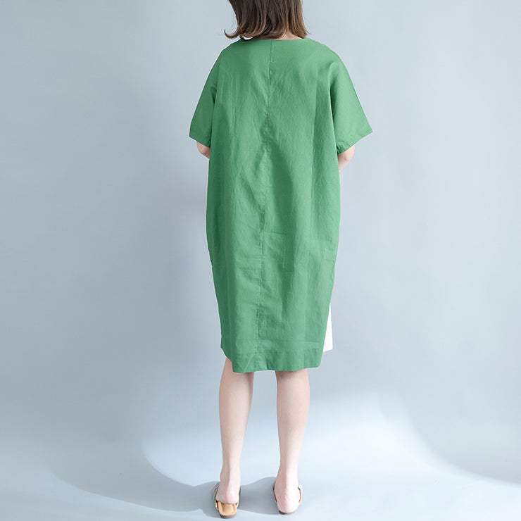 Feine grüne Midi-Leinenkleider plus Größenkleidung Hemdkleid Elegante O-Ausschnitt-Patchwork-Leinenkleider
