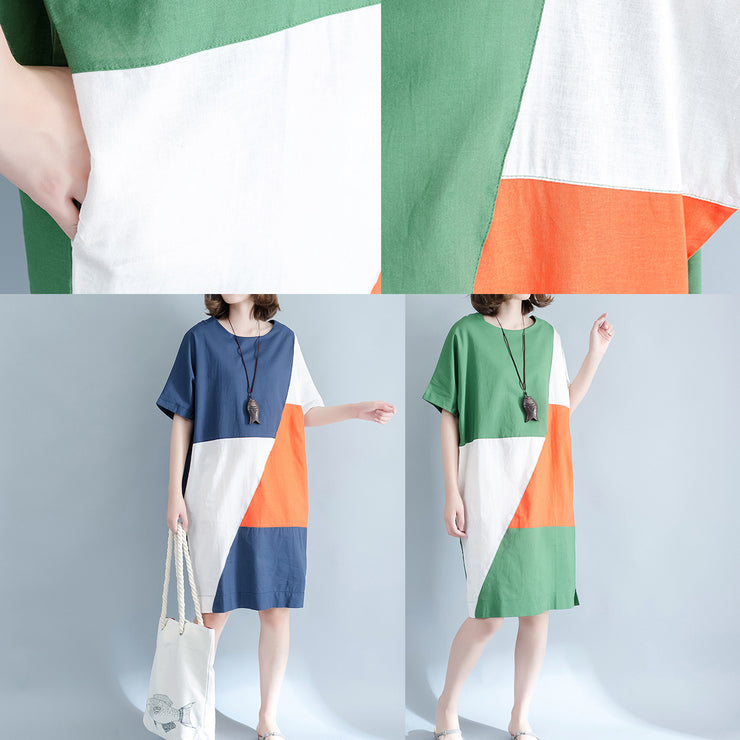 fine green Midi linen dresses plus size clothing shirt dress Elegant o neck patchwork linen dresses