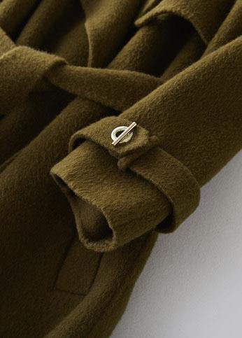 fine green Woolen Coats Loose fitting long coats tie waist outwear lapel collar - SooLinen
