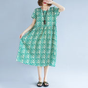 feine grüne Baumwoll-Leinen-Kleider plus Größe Kurzarm-Druck Baggy-Kleider lange Kleider Vintage-O-Ausschnitt Reisekleid