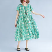 fine green cotton linen dresses plus size short sleeve print baggy dresses long dresses vintage o neck traveling dress