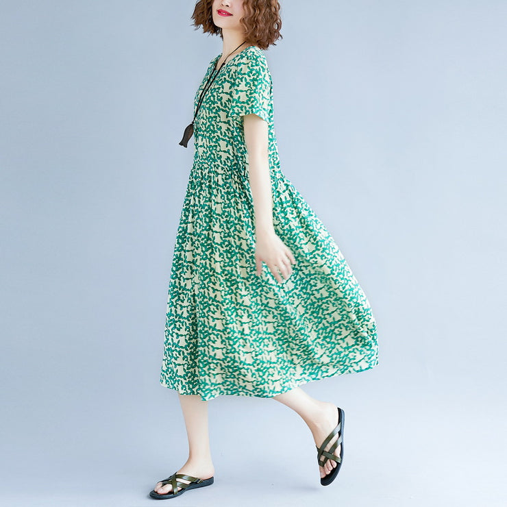 feine grüne Baumwoll-Leinen-Kleider plus Größe Kurzarm-Druck Baggy-Kleider lange Kleider Vintage-O-Ausschnitt Reisekleid