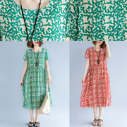 fine green cotton linen dresses plus size short sleeve print baggy dresses long dresses vintage o neck traveling dress