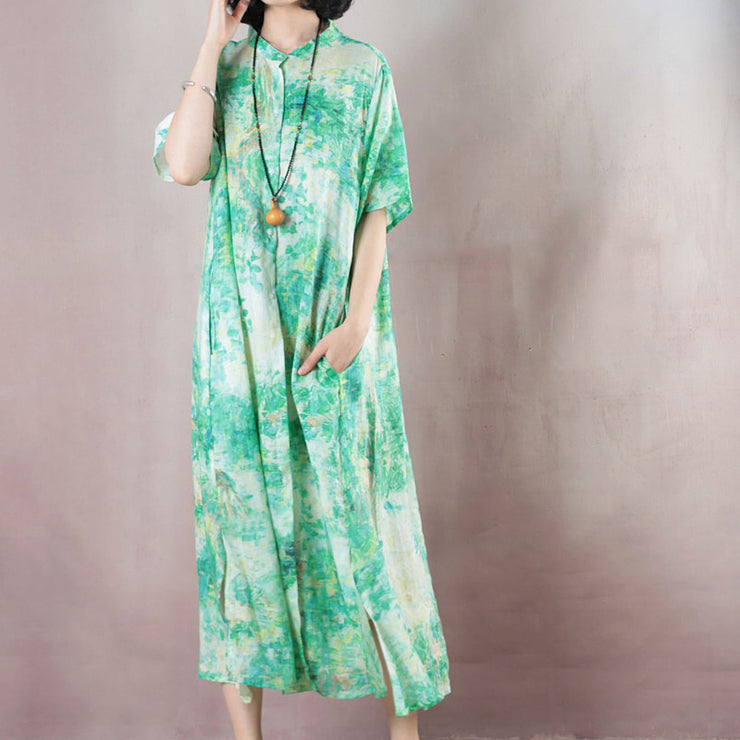 fine green linen caftans oversized Stand gown 2018 short sleeve print kaftans