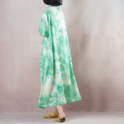 fine green linen caftans oversized Stand gown 2018 short sleeve print kaftans