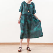 fine green natural linen dress plus size o neck linen maxi dress Elegant short sleeve gown