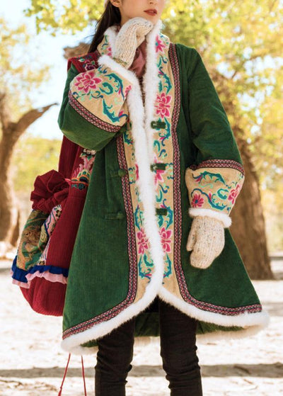fine green winter outwear plus size Jackets & Coats embroidery Chinese Button coats - SooLinen