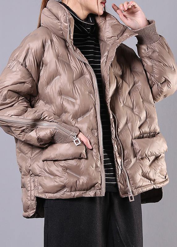 fine khaki coat oversized Jackets & Coats stand collar zippered outwear - SooLinen