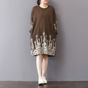 Feine Khaki-Baumwoll-Shift-Kleider Trendige Plus-Size-Baumwollkleidung Kleider Drucke Vintage-Seite offenes Baumwollkleid