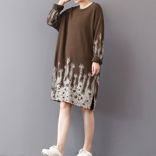Feine Khaki-Baumwoll-Shift-Kleider Trendige Plus-Size-Baumwollkleidung Kleider Drucke Vintage-Seite offenes Baumwollkleid