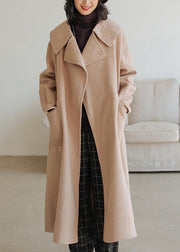fine khaki wool coat plus size Notched pockets long jackets - SooLinen