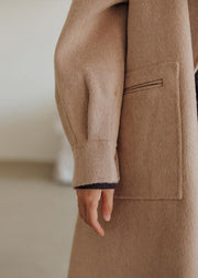 fine khaki wool coat plus size Notched pockets long jackets - SooLinen