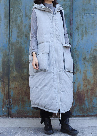 fine light gray sleeveless winter parkas oversized Jackets & Coats hooded big pockets coats - SooLinen