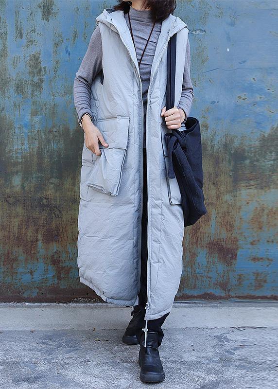 fine light gray sleeveless winter parkas oversized Jackets & Coats hooded big pockets coats - SooLinen