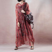 fine light red silk dress v neck long sleeve gown print Cinched drawstring maxi dress