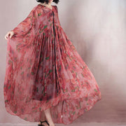 fine light red silk dress v neck long sleeve gown print Cinched drawstring maxi dress
