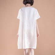 Feines Leinen-Baumwollkleid in Übergröße High-Low-Saum Sommer Kurzarm Taschen Schlitz Weißes Kleid