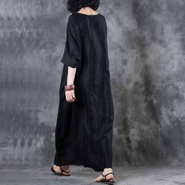 feines Leinenkleid trendy plus Größe Retro Loose Round Neck 12 Sleeve Black Dress