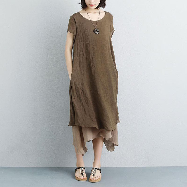 fine long cotton dresses plus size False Two-piece Short Sleeve Chocolate Plain Dress