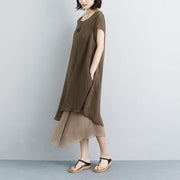 fine long cotton dresses plus size False Two-piece Short Sleeve Chocolate Plain Dress