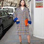 fine multicolor Plaid Winter coat plus size pockets maxi coat vintage Notched Winter coat