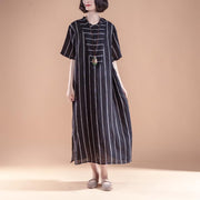 feines natürliches Leinenkleid trendy plus Größe Kurzarm-Schlitz-Sommer-Rundhals-Streifen-Schwarz-Kleid
