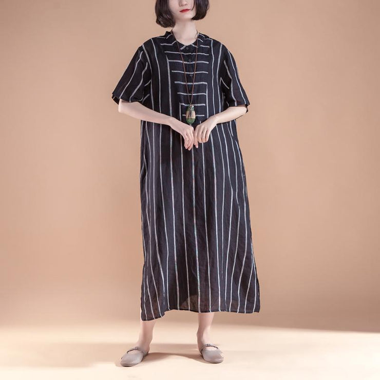feines natürliches Leinenkleid trendy plus Größe Kurzarm-Schlitz-Sommer-Rundhals-Streifen-Schwarz-Kleid