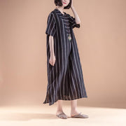 fine natural linen dress trendy plus size Short Sleeve Slit Summer Round Neck Stripe Black Dress