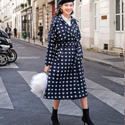 fine navy dotted coat oversize Notched trench coat 2018 tie waist wool jackets